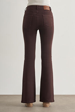 Mizalle Skinny Fit Flare Paça Kahverengi Denim Pantolon