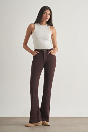 Mizalle Skinny Fit Flare Paça Kahverengi Denim Pantolon