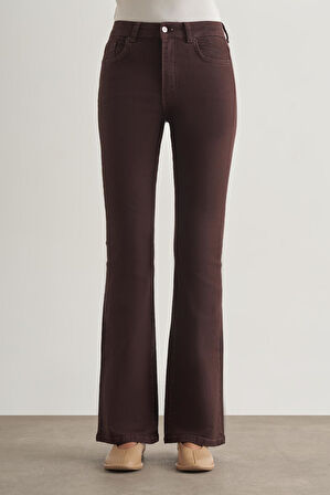 Mizalle Skinny Fit Flare Paça Kahverengi Denim Pantolon