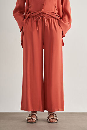 Mizalle Beli İpli Modal Karışımlı Mercan Rengi Rahat Pantolon