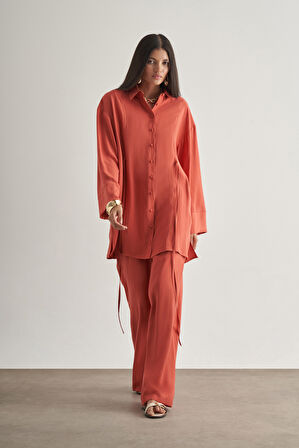 Mizalle Beli İpli Modal Karışımlı Mercan Rengi Rahat Pantolon