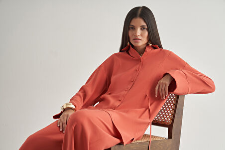 Mizalle Beli İpli Modal Karışımlı Mercan Rengi Rahat Pantolon