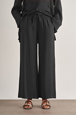 Mizalle Beli İpli Modal Karışımlı Siyah Rahat Pantolon