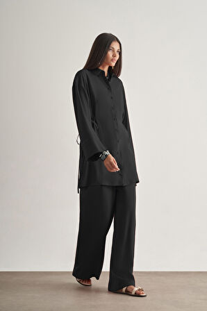 Mizalle Beli İpli Modal Karışımlı Siyah Rahat Pantolon