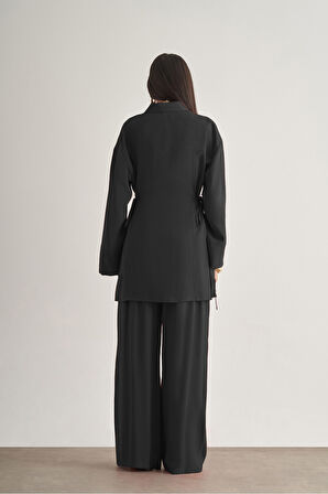 Mizalle Beli İpli Modal Karışımlı Siyah Rahat Pantolon