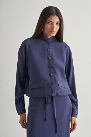 Mizalle İp Büzgülü Torba Cepli Modal Karışımlı İndigo Mavi Ceket