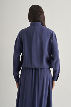 Mizalle İp Büzgülü Torba Cepli Modal Karışımlı İndigo Mavi Ceket