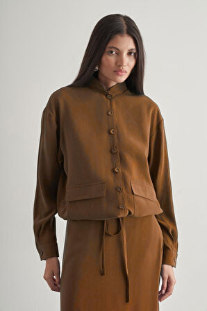 Taba Mizalle İp Büzgülü Torba Cepli Modal Karışımlı Camel Ceket