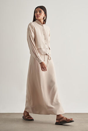 Mizalle Modal Karışımlı Taş Rengi Maksi Evaze Etek