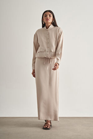 Mizalle Modal Karışımlı Taş Rengi Maksi Evaze Etek