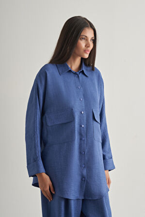 Mizalle Keten Dokulu Torba Cepli İndigo Mavi Tunik