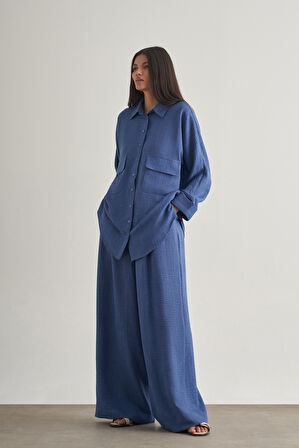 Mizalle Keten Dokulu Torba Cepli İndigo Mavi Tunik