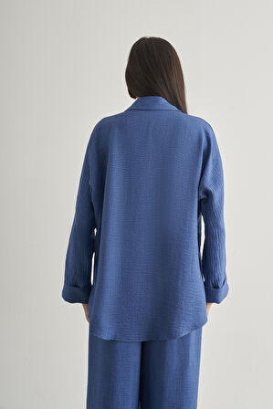 Mizalle Keten Dokulu Torba Cepli İndigo Mavi Tunik