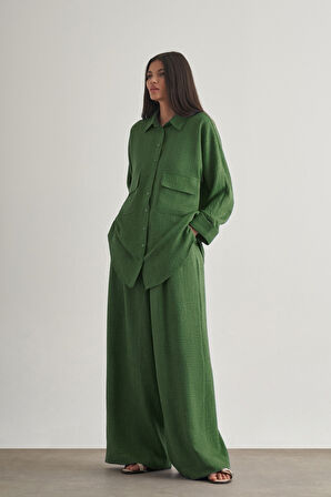 Mizalle Keten Dokulu Torba Cepli Haki Tunik