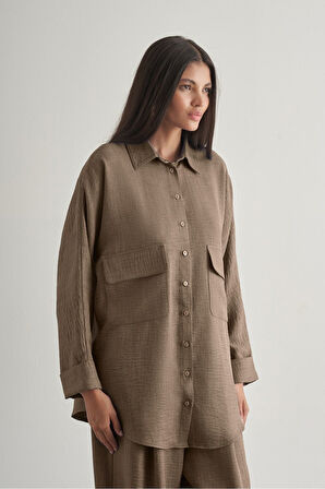 Mizalle Keten Dokulu Torba Cepli Kahverengi Tunik