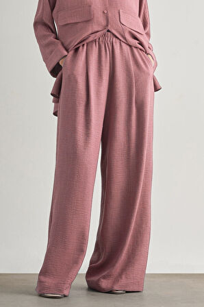 Mizalle  Keten Dokulu Beli Lastikli Pudra Pembe Bol Kesim Pantolon