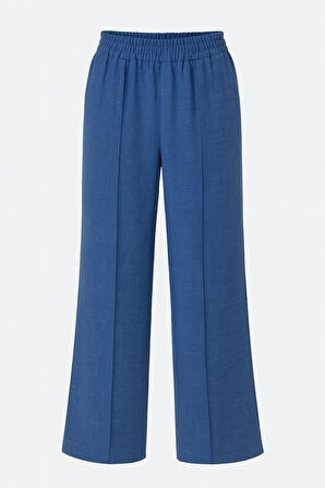 Mizalle  Keten Dokulu Beli Lastikli İndigo Mavi Bol Kesim Pantolon