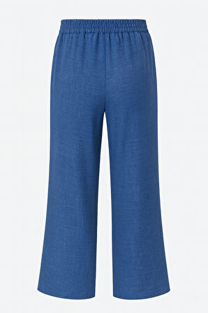 Mizalle  Keten Dokulu Beli Lastikli İndigo Mavi Bol Kesim Pantolon