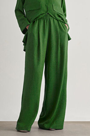 Mizalle  Keten Dokulu Beli Lastikli Haki Bol Kesim Pantolon