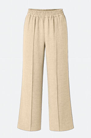 Mizalle  Keten Dokulu Beli Lastikli Bej Rengi Bol Kesim Pantolon