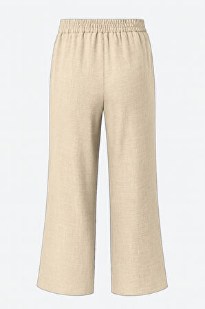 Mizalle  Keten Dokulu Beli Lastikli Bej Rengi Bol Kesim Pantolon