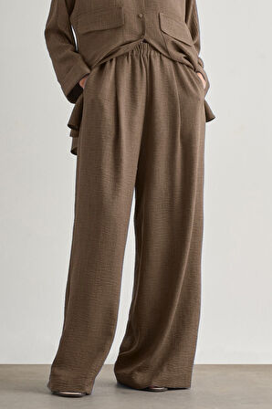 Mizalle  Keten Dokulu Beli Lastikli Kahverengi Bol Kesim Pantolon