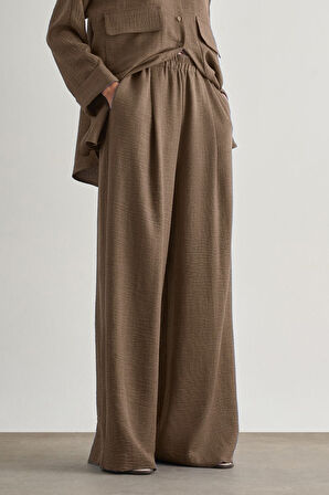 Mizalle  Keten Dokulu Beli Lastikli Kahverengi Bol Kesim Pantolon