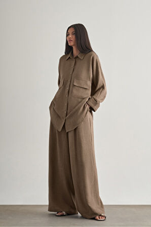 Mizalle  Keten Dokulu Beli Lastikli Kahverengi Bol Kesim Pantolon