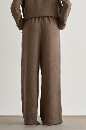 Mizalle  Keten Dokulu Beli Lastikli Kahverengi Bol Kesim Pantolon