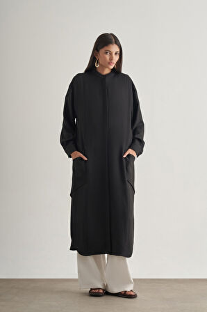 Mizalle Keten Dokulu Verev Cepli Siyah Uzun Tunik