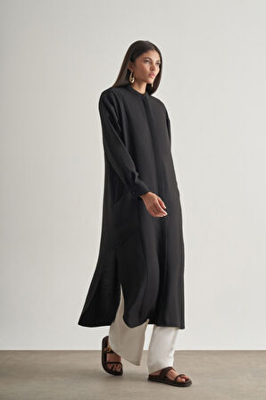 Mizalle Keten Dokulu Verev Cepli Siyah Uzun Tunik