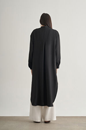 Mizalle Keten Dokulu Verev Cepli Siyah Uzun Tunik