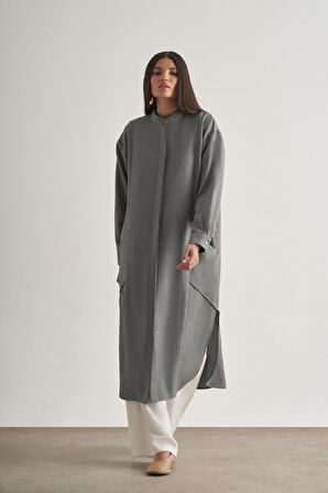 Mizalle Keten Dokulu Verev Cepli Gri Uzun Tunik