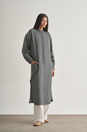 Mizalle Keten Dokulu Verev Cepli Gri Uzun Tunik