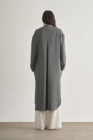 Mizalle Keten Dokulu Verev Cepli Gri Uzun Tunik