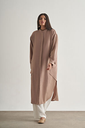 Mizalle Keten Dokulu Verev Cepli Kahverengi Uzun Tunik