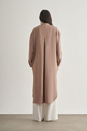 Mizalle Keten Dokulu Verev Cepli Kahverengi Uzun Tunik