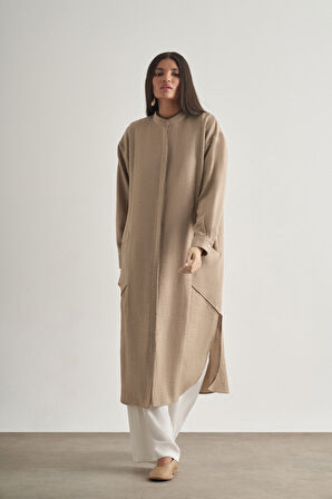 Mizalle Keten Dokulu Verev Cepli Taş Rengi Uzun Tunik