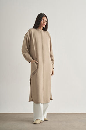 Mizalle Keten Dokulu Verev Cepli Taş Rengi Uzun Tunik