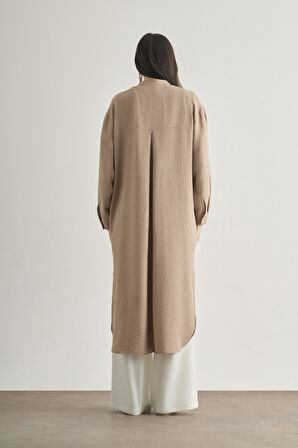 Mizalle Keten Dokulu Verev Cepli Taş Rengi Uzun Tunik