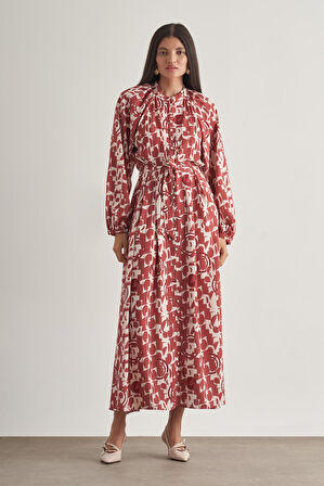 Mizalle Keten Dokulu Naturel  Desenli Uzun Yazlık Elbise