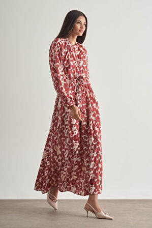 Mizalle Keten Dokulu Naturel  Desenli Uzun Yazlık Elbise