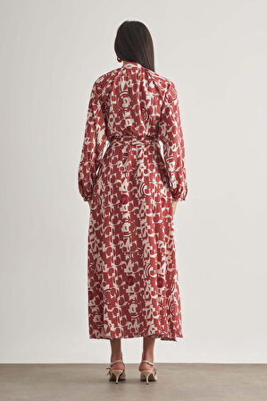 Mizalle Keten Dokulu Naturel  Desenli Uzun Yazlık Elbise