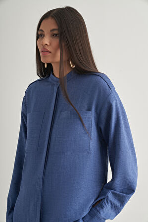 Mizalle Keten Dokulu Apoletli İndigo Mavi Tunik