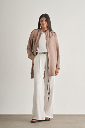 Mizalle Keten Dokulu Apoletli Bej Rengi Tunik