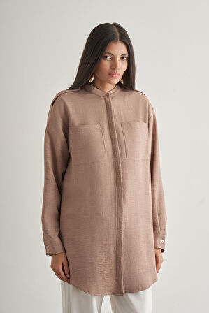 Mizalle Keten Dokulu Apoletli Bej Rengi Tunik