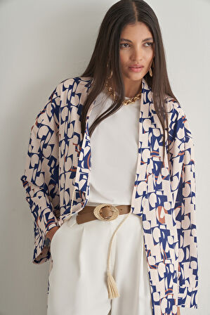 Mizalle Keten Dokulu Naturel  Desenli Uzun Kimono Üst