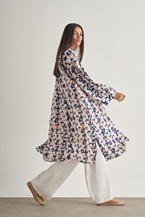 Mizalle Keten Dokulu Naturel  Desenli Uzun Kimono Üst