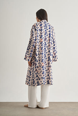 Mizalle Keten Dokulu Naturel  Desenli Uzun Kimono Üst