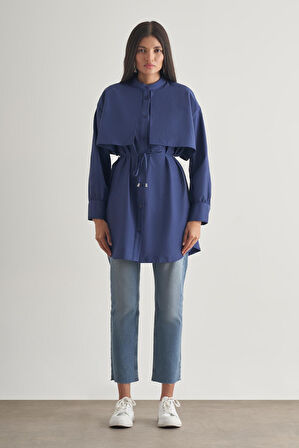 Mizalle Rüzgarlıklı Hakim Yaka Uzun İndigo Mavi Gömlek